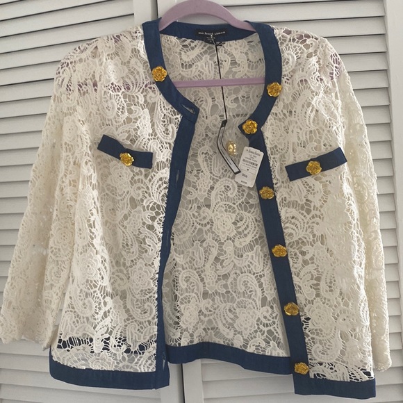 Ivory lace cardigan with denim trim, gold buttons NWT - Picture 1 of 6